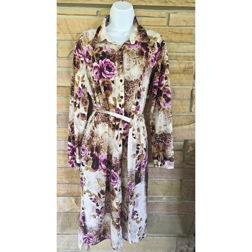 LuLaRoe Maria Dress Womens Medium Floral Leopard Print Button Front Belted Midi